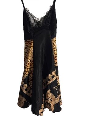 2/$25 Cougar/ Leopard  Print Black Slip Dress with Gold Leopard Print size S/m